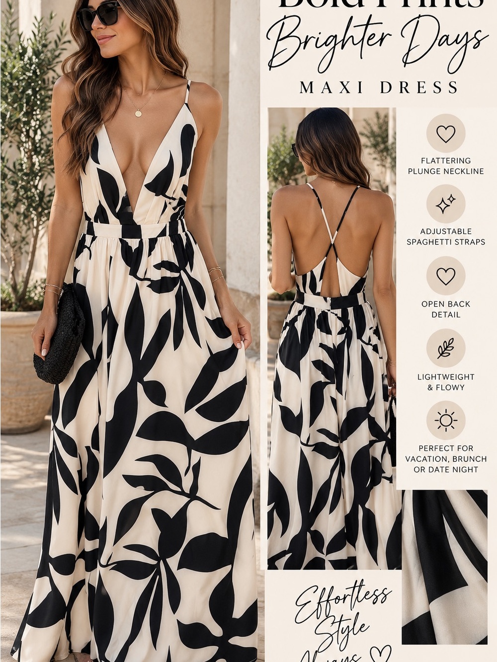 Sleeveless V-Neck Black & Cream Floral Maxi Dress - L